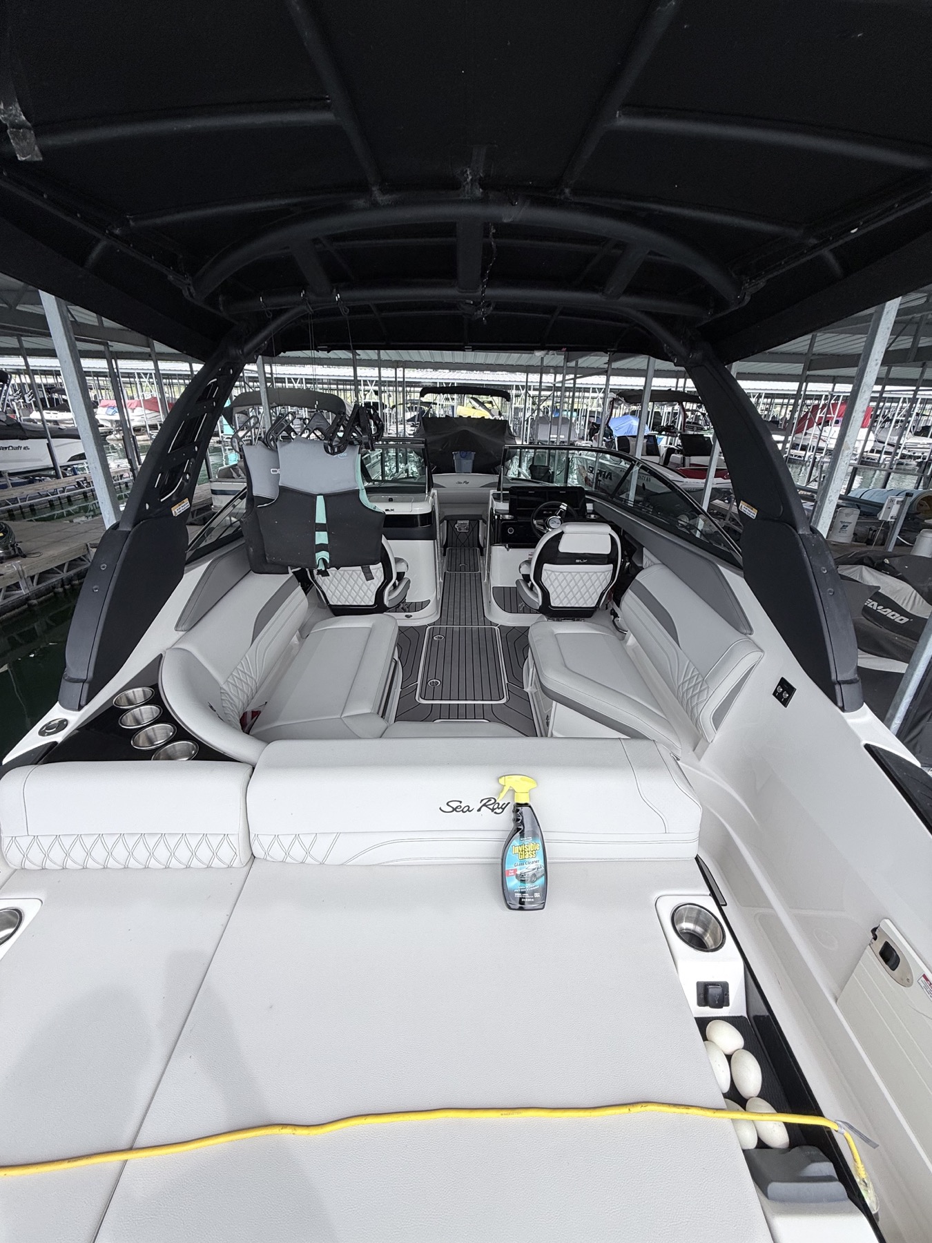 Clean Sea Ray boat interior after marine detailing and glass care